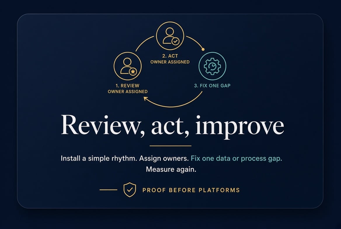 Review, act, improve — install a simple rhythm, assign owners, measure again