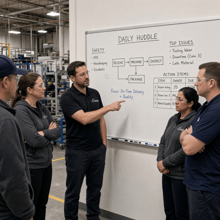 Manufacturing team daily huddle at a plant floor whiteboard